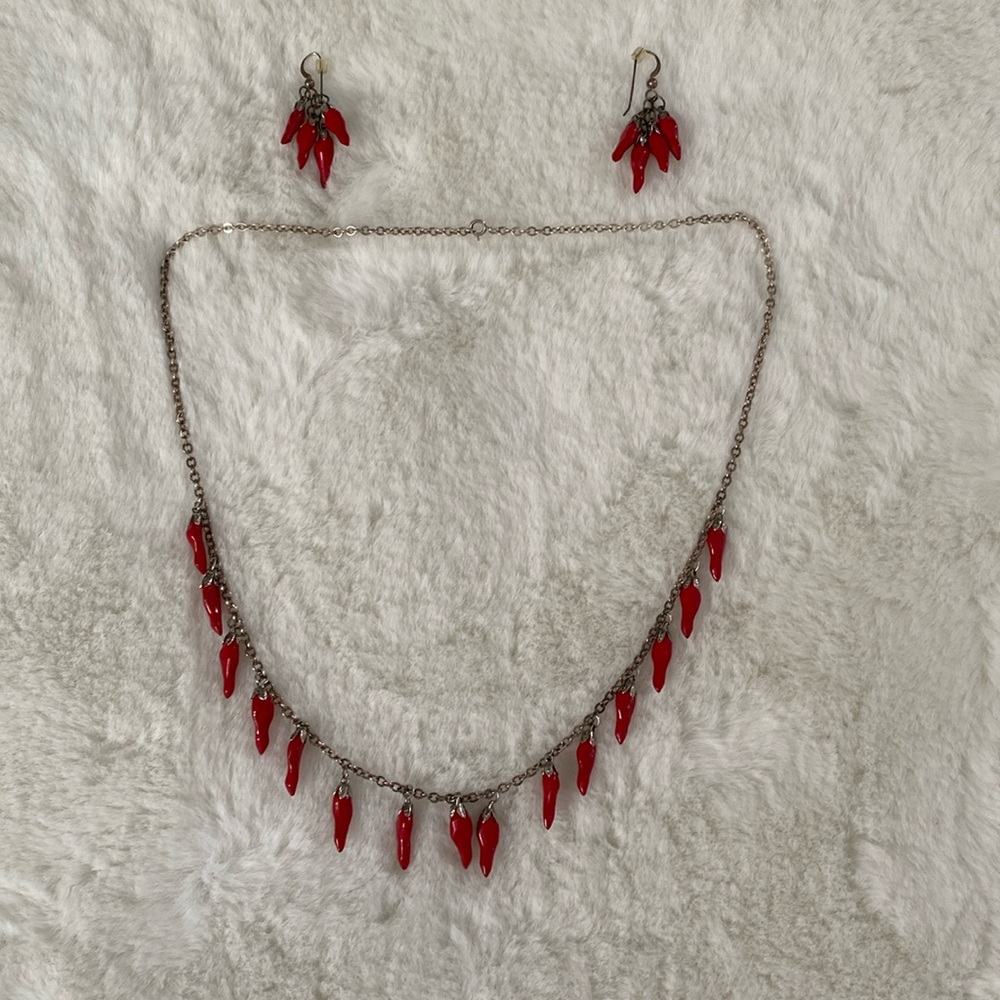 Hand Crafted Chili Pepper Necklace and Earrings Set